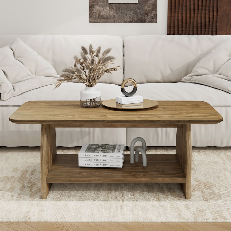 47 inch Modern Coffee Table with Storage, Double-Layer Rectangular Design with Rounded Corners - Wood