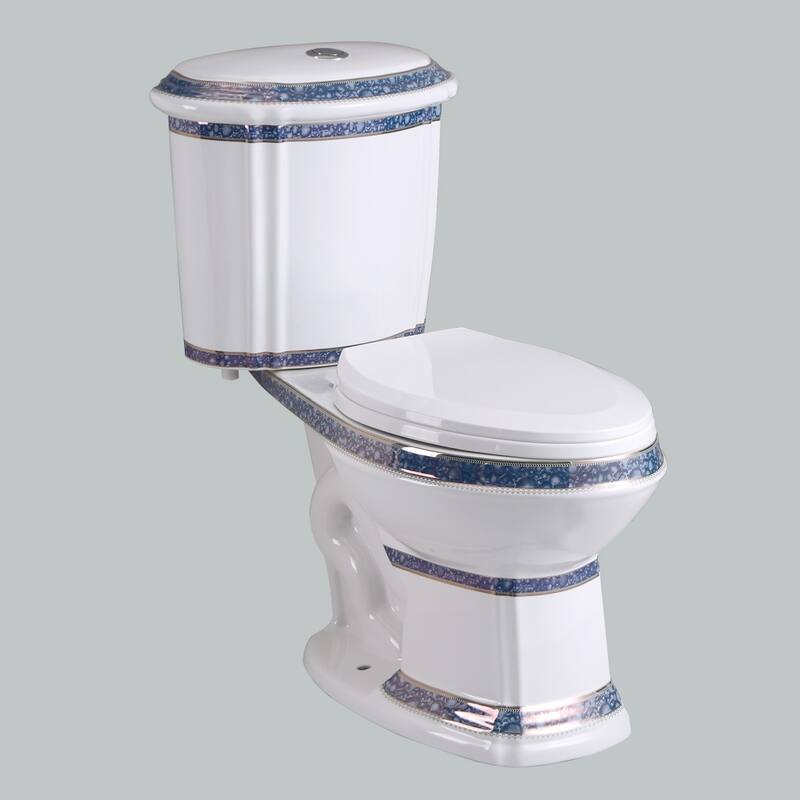 India Reserve Blue Gold Porcelain Elongated Two Piece Toilet Dual Flush Push Button Slow Close Toilet Seat