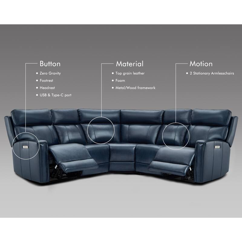 104" W 3-Color Genuine Leather Power Reclining sectional sofa With Zero Gravity, USB&USB-C Ports, 2 Stationary Armlesschairs