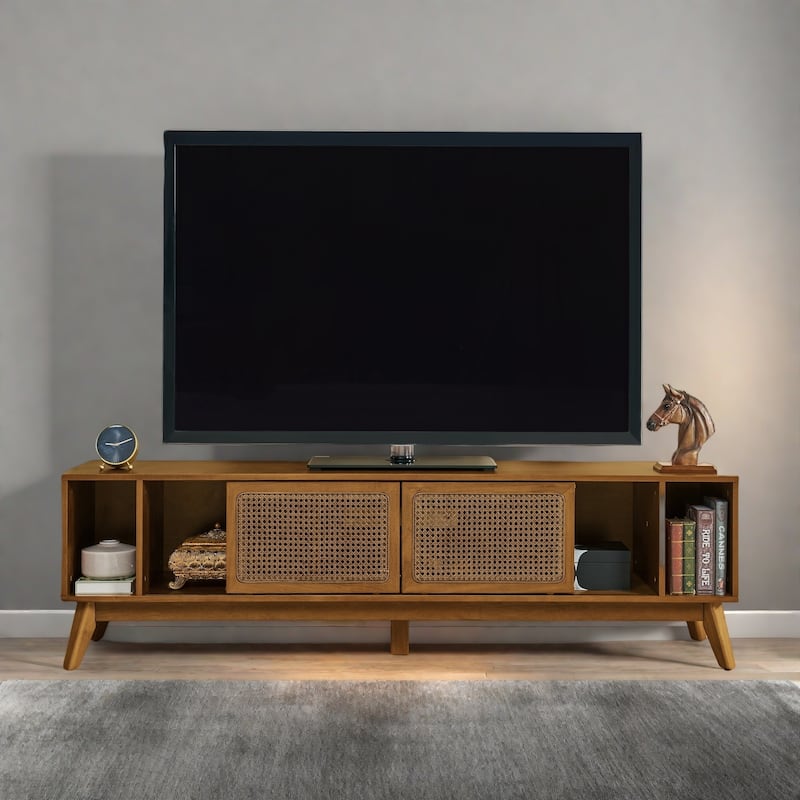 67.9" Vintage Rattan TV Cabinet for 75" TVs - Boho Modern Storage with Sliding Doors and Adjustable Feet - Natural