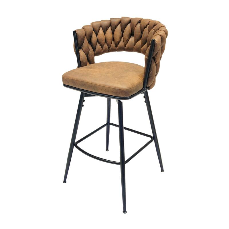 28" Technical Leather Woven Bar Stool Set of 2, Black legs Barstools, No Adjustable Kitchen Island Chairs