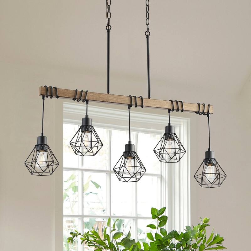 Industrial 5-Light Black Metal Cage Chandelier with Faux Wood Beam