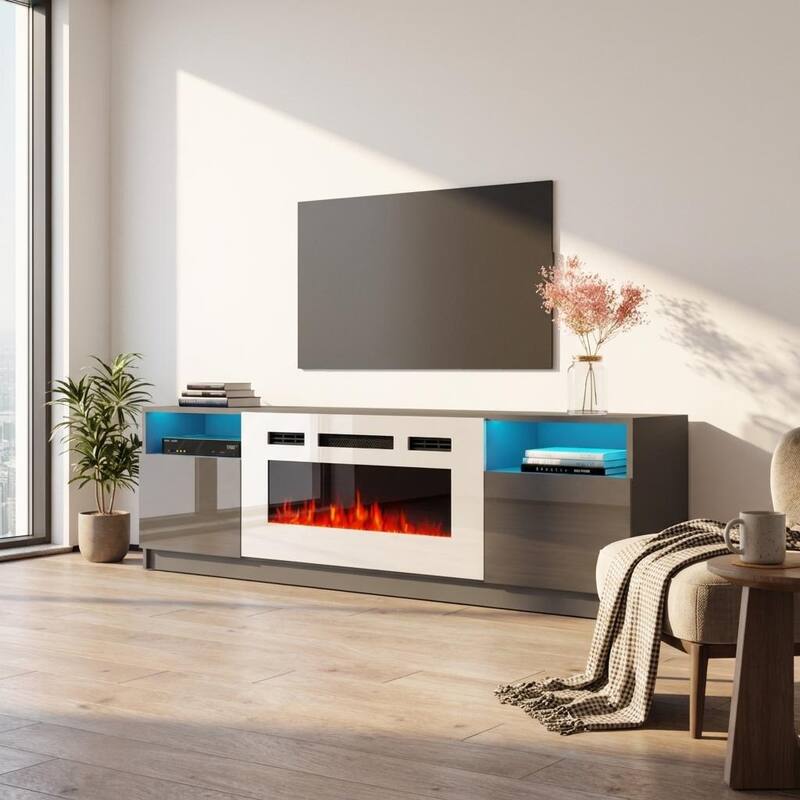 Meble Furniture York WH02 79" E-Fireplace TV Stand - Entertainment Console with Built-in Heater