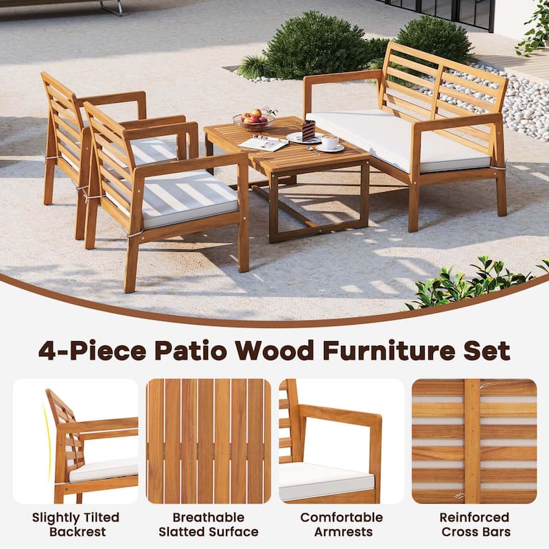 4PCS Wood Patio Conversation Set Patio Furniture Set