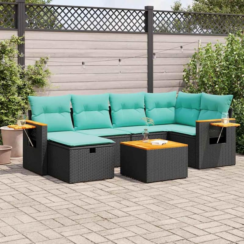 vidaXL Patio Sofa Set with Cushions Outdoor Conversation Furniture Poly Rattan - Black with storage - 21.7" x 24.4" x 27.2"