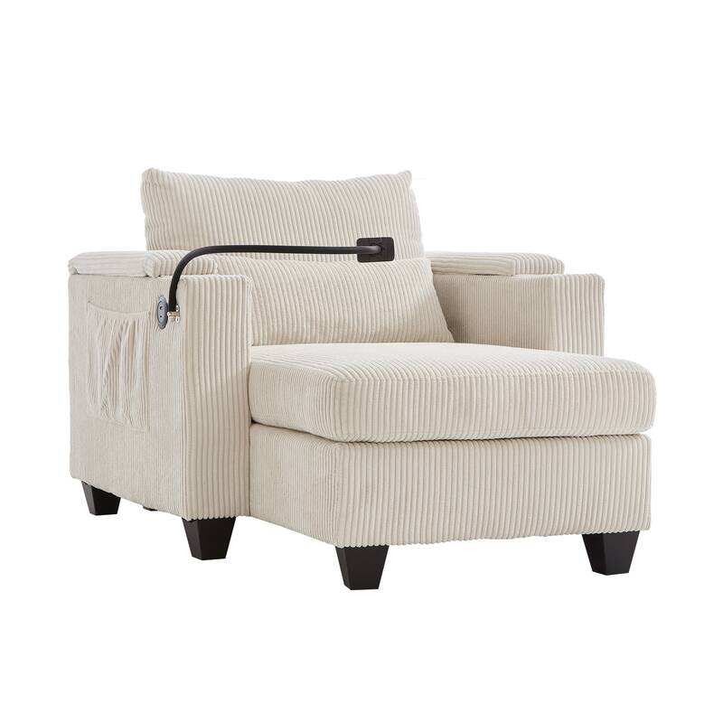 Anmytek 37.4" Convertible Chaise Lounge Sleeper Sofa Chair Corduroy with USB Ports Cup Holders Phone Holder Storage