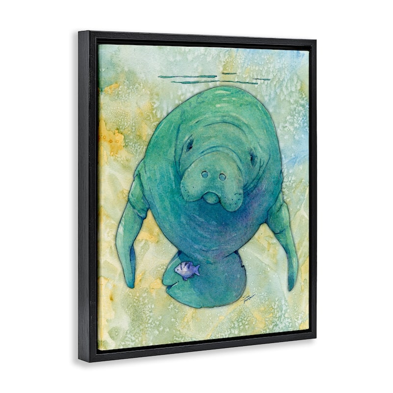 Stupell Green Manatee Underwater Framed Floater Canvas Wall Art Design by Steve Vanderbosch