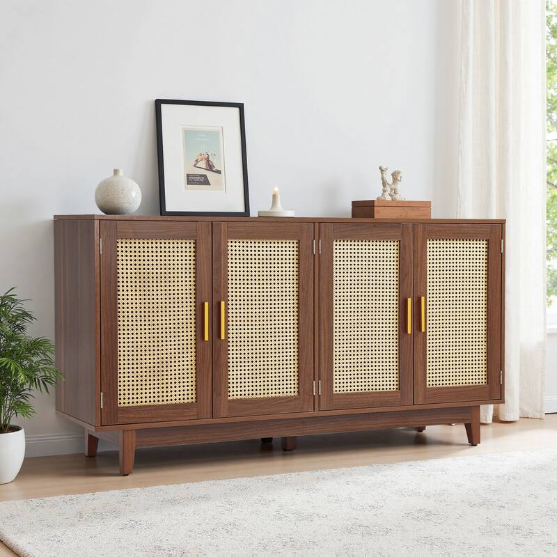 Rattan Accent Cabinet Storage Sideboard Buffet with 4 Doors