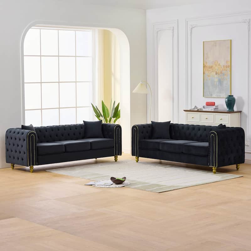 Roomfitters Two 86" Modern Upholstered Tuxedo Chesterfield Sofa Set with Gold Trim, Button Back 2-Piece Couch Set - Black
