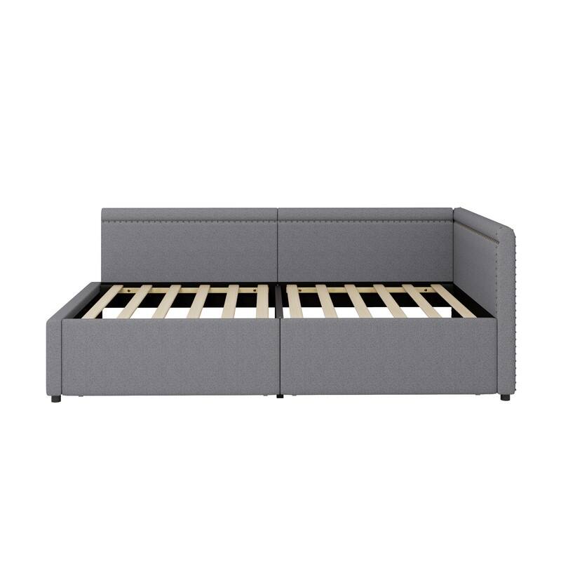Modern Style Twin Size L Shape Corner Bed, Linen Upholstered Daybed with Two Storage Drawers