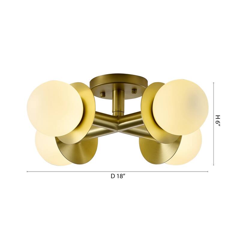 4-Light Satin Brass Flush Mount With White Glass Globe Shades