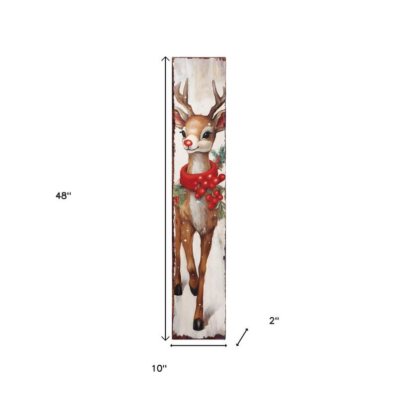 HomeRoots 48" White Green And Red Christmas Reindeer Solid Wood Porch Sign