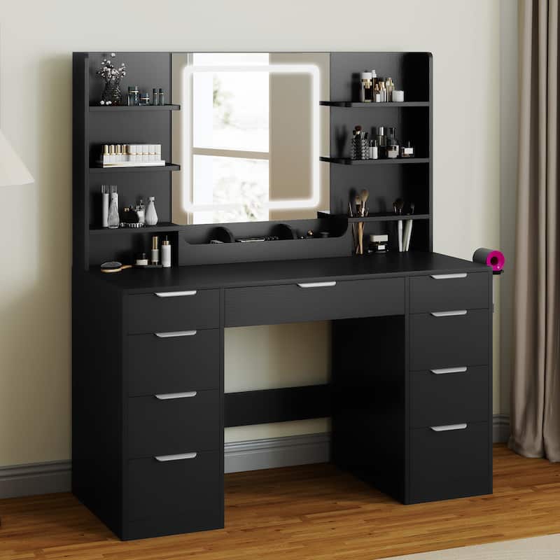 Moasis 9 Drawers Bedroom Vanity Desk,Makeup Vanity with Lighted Mirror and 9 Open Shelves - Black