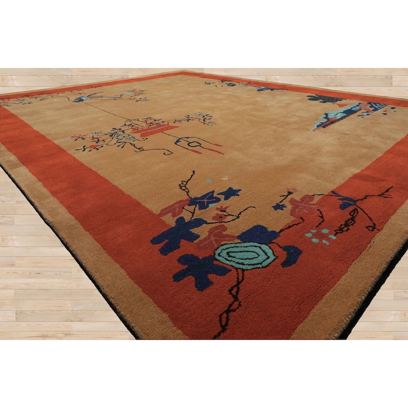 Beige Chinese Art Deco New Zealand Wool Hand Tufted Multi Size Oriental Area Rug LoomBloom
