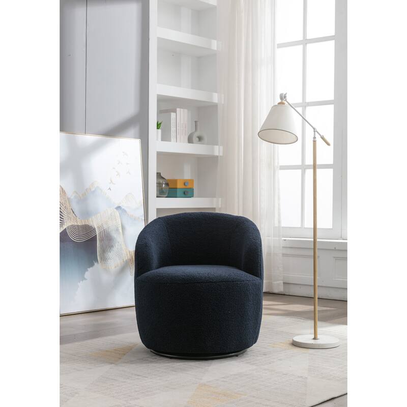 Teddy Fabric Swivel Barrel Chair, Round Upholstered Sofa Chair, Reading Leisure Chair with Curved Backrest & Metal Base