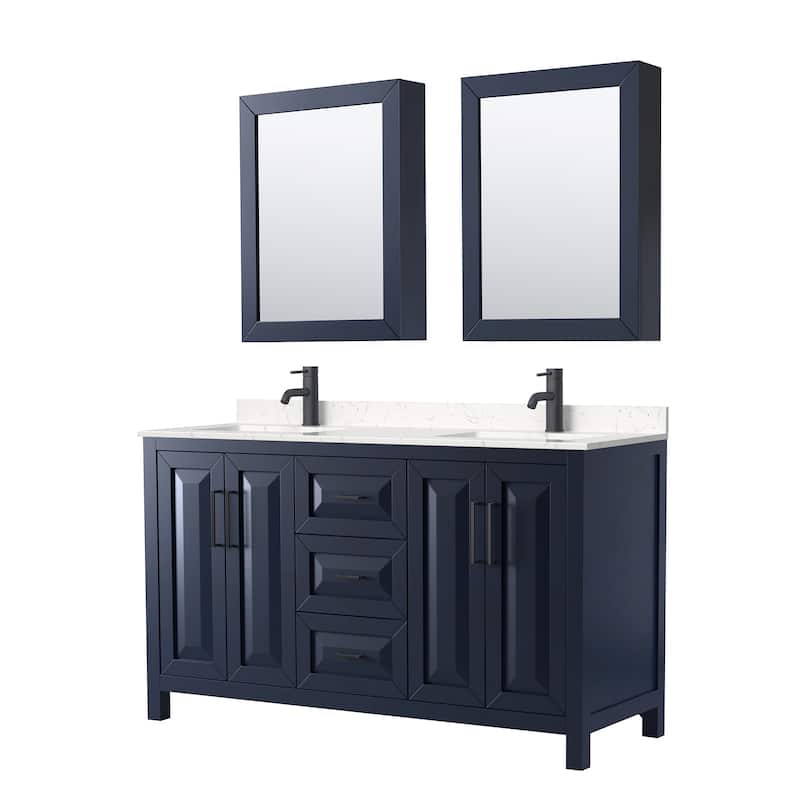 Daria 60 Inch Double Vanity, Cultured Marble Top, Medicine Cabinets - Dark Blue, Black Trim, Carrara Cultured Marble Top