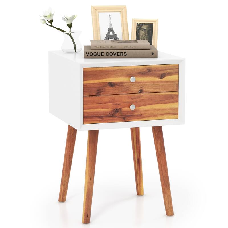 Gymax 2PCS Wooden Nightstand Mid-Century End Side Table W/2 Storage