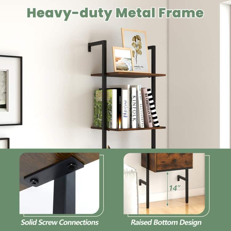 Rustic Brown Engineered Wood Ladder Bookshelf with Metal Drawer - Rustic Brown