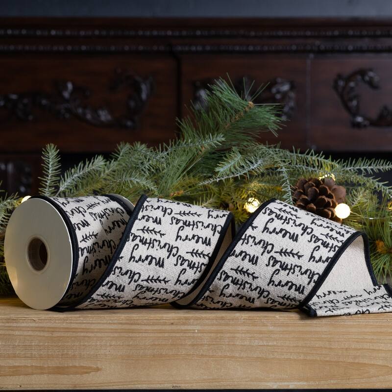 "Merry Christmas" Wired Craft Ribbon - 4" x 5 Yards - Beige and Black