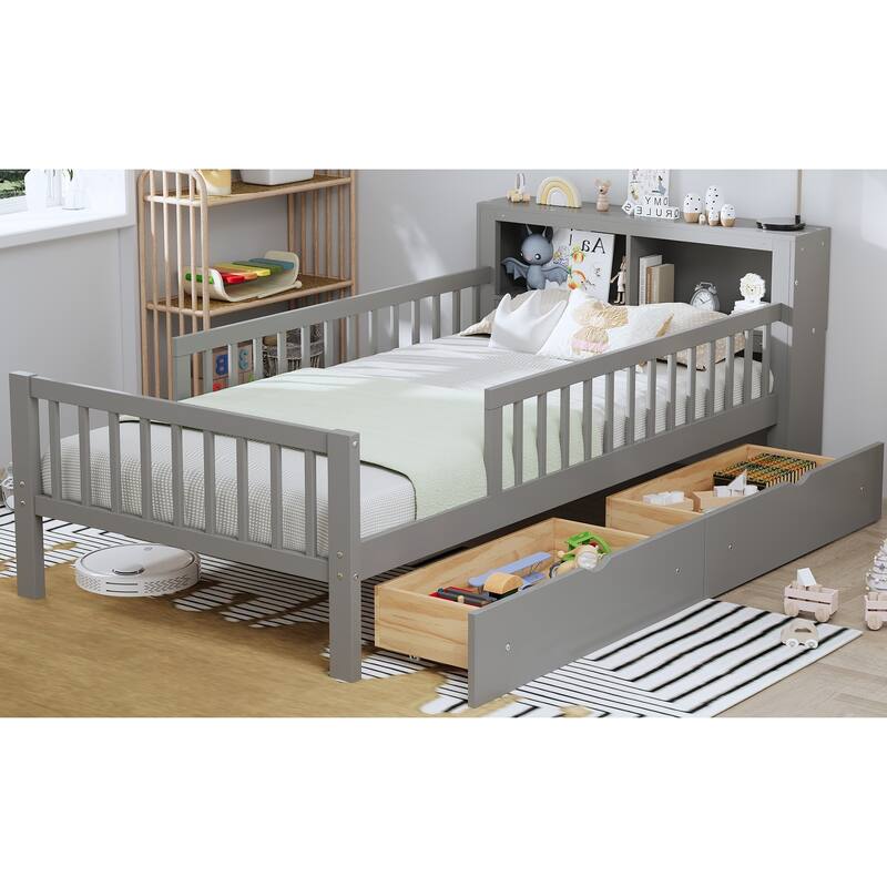 Twin Size Bed with Headboard Storage, Safety Guardrails, and Under-Bed Drawers