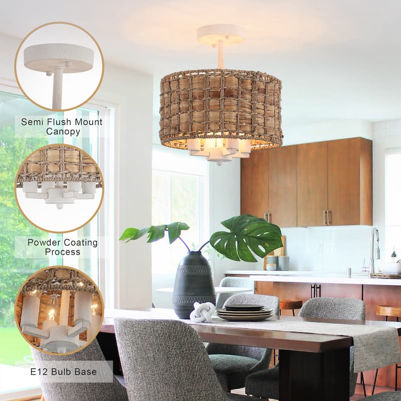 4-Light Classic Candlestick Hanging Semi Flush Mount Ceiling Lighting Chandelier with Rattan Shade for Dining Room