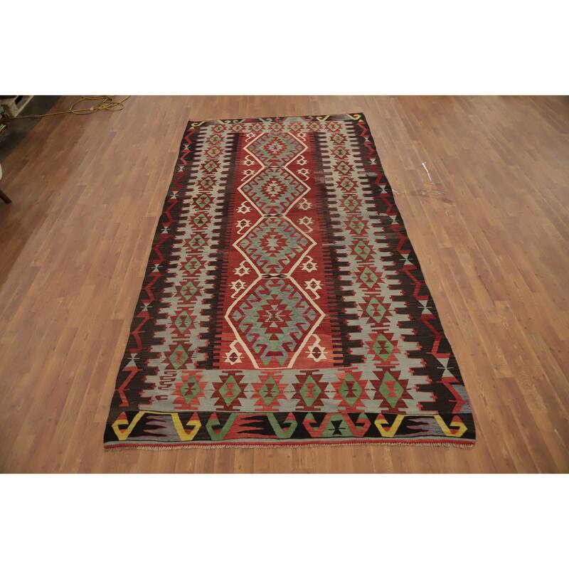 Hand Woven Oriental 100% Wool Carpet Southwestern Tribal Oranges & Rust Kilim Area Rug - 11' 3'' X 5' 8''