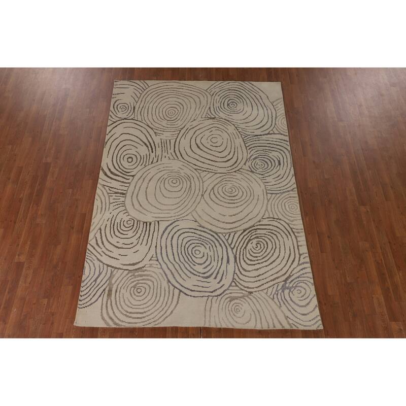 Beige Nepalese Modern Area Rug Handmade Wool Carpet - 6'0" x 8'7"