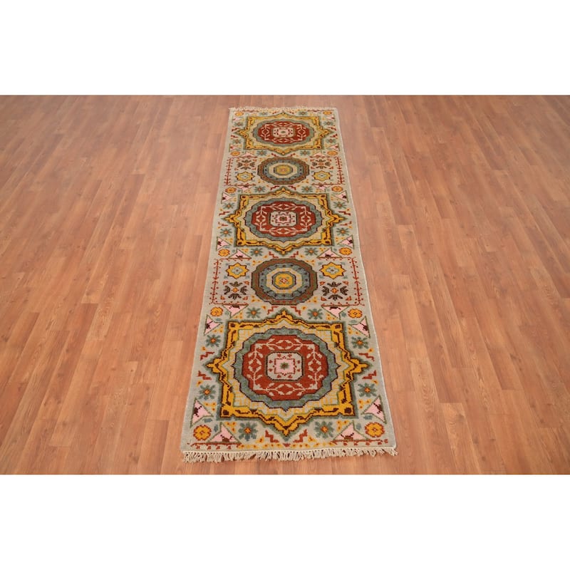 Hand Knotted Oriental 100% Wool Carpet Traditional Geometric Beige & Ivories Kazak Runner Rug - 7' 11'' X 2' 6''