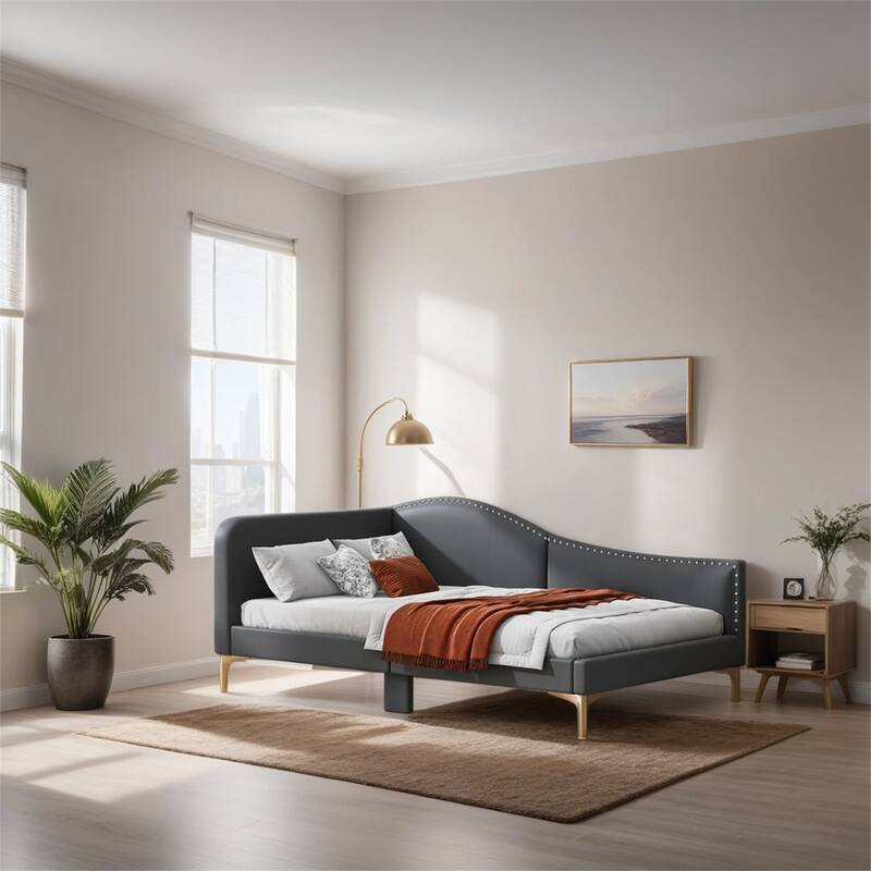 Twin Size Upholstered Daybed with Headboard and Armrest,Support Legs