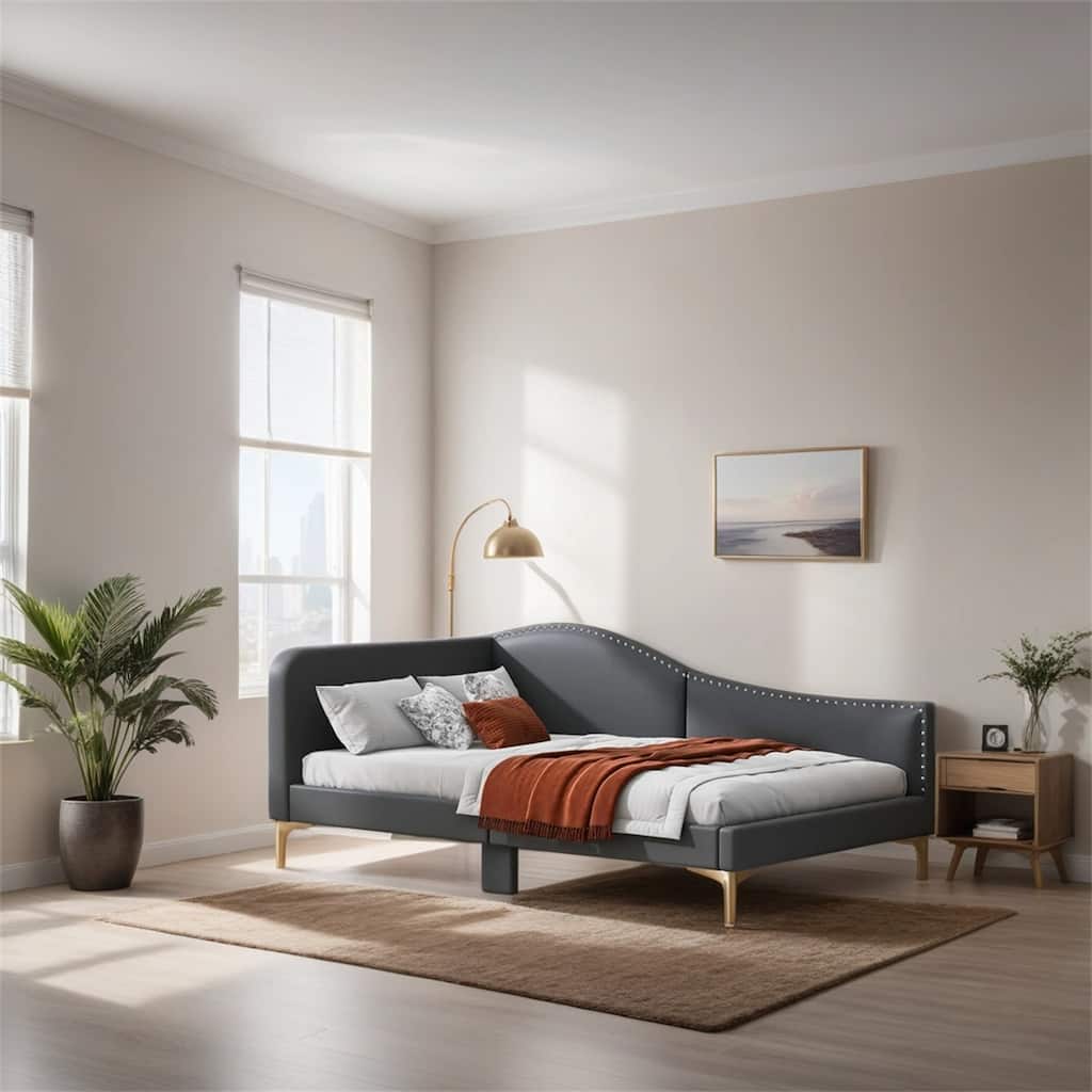Twin Size Upholstered Daybed with Headboard and Armrest,Support Legs