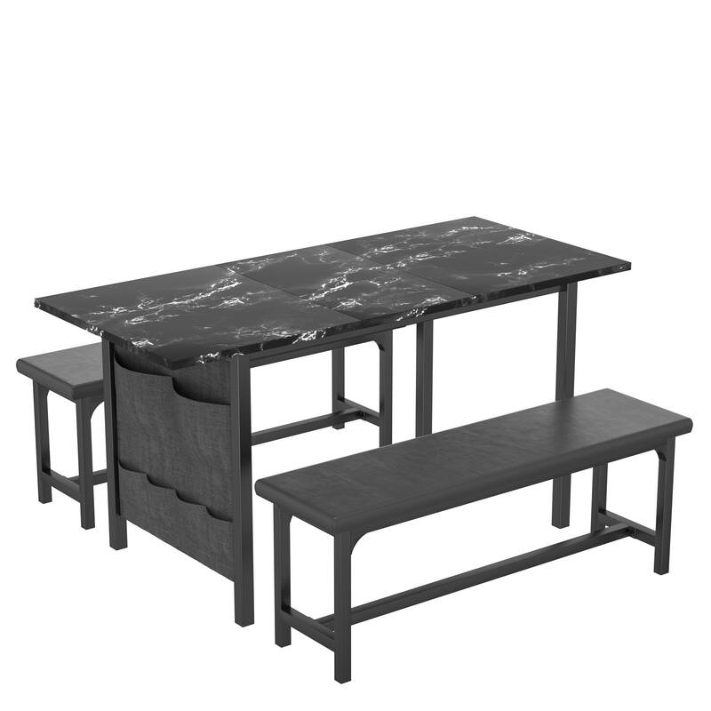 VECELO 3-Piece Dining Table Set with 2 Benches, 63" Extendable Kitchen Table & Chairs Set for 4-8, Dining Room Table