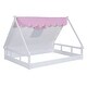 preview thumbnail 13 of 16, White and Brown Full Size Wooden Tent Bed with Fabric, Platform with Fence and Roof
