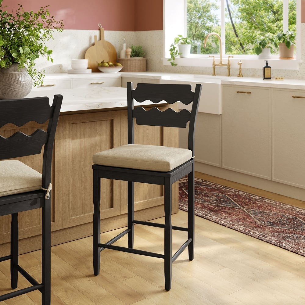 Jax Oak Wood Counter Stool With Wavy Razor Back and Cushion