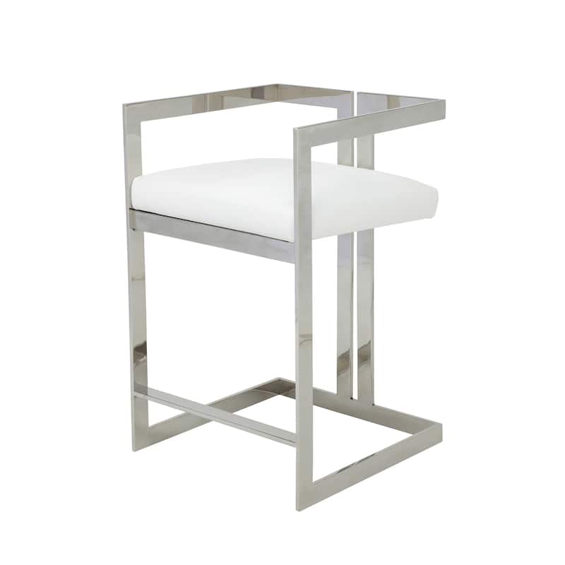 Suki 26 Inch Counter Stool Chair, White Faux Leather, Stainless Steel