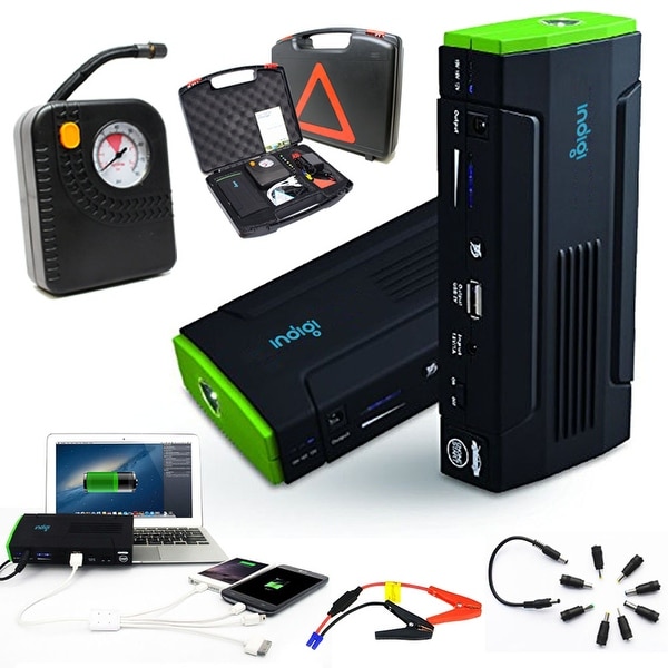 Indigi® 12800mAh HeavyDuty Rugged Portable Automotive Jump Starter PowerBank w/ Hard Carrying Case & Tire Inflator Included
