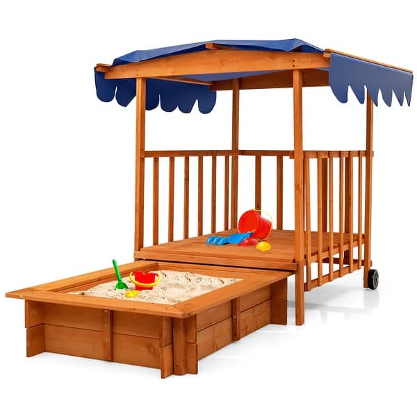 slide 2 of 11, Costway Wooden Retractable Sandbox with Cover & Built-in Wheels Kids Natural + Blue