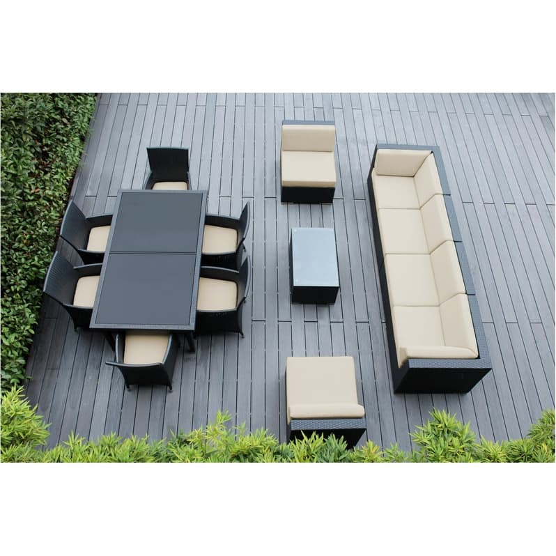 Ohana Outdoor Patio 14 Piece Black Wicker Sofa and Dining Set - Sunbrella Antique Beige