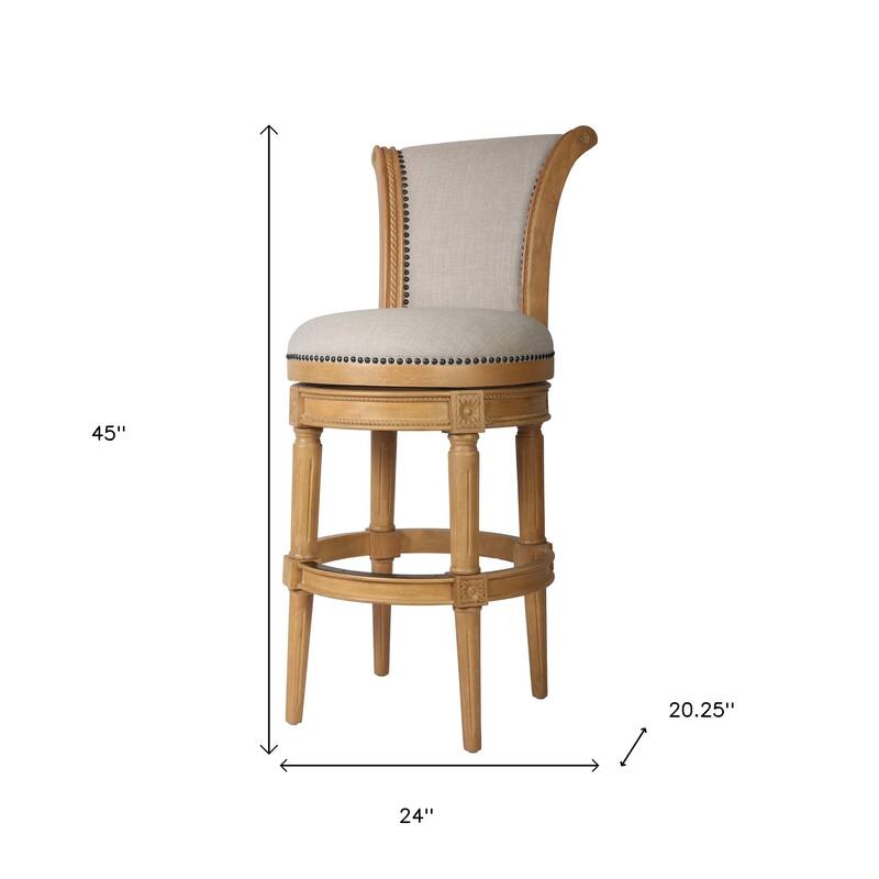 HomeRoots 30" Beige and Natural Fabric and Solid Wood Bar Height Swivel Bar Chair