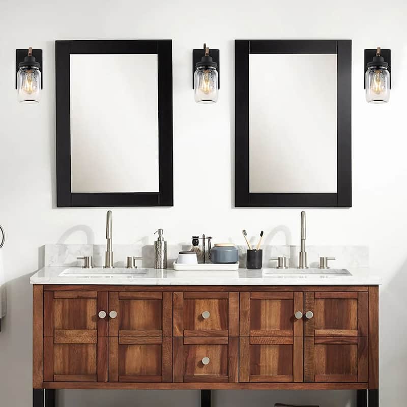 1-Light Black/Wood Tone Rustic Farmhouse Wall Sconce with Clear Mason Jar Glass Shade - 10"H x 4.7"W x 5.4"D