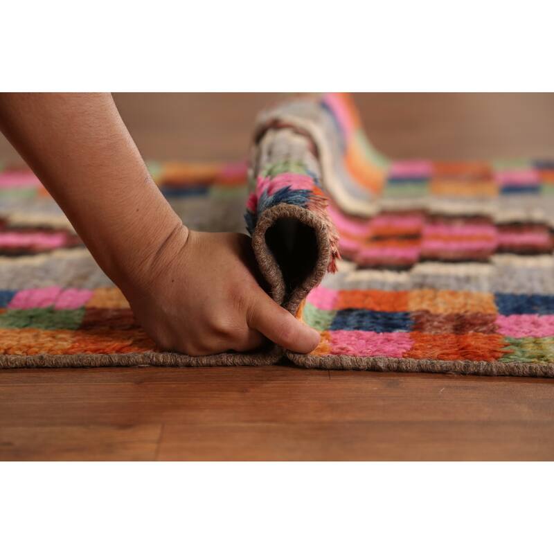 Checkered Moroccan Oriental Runner Rug Handmade Tribal Wool Carpet - 2'10" x 12'8"