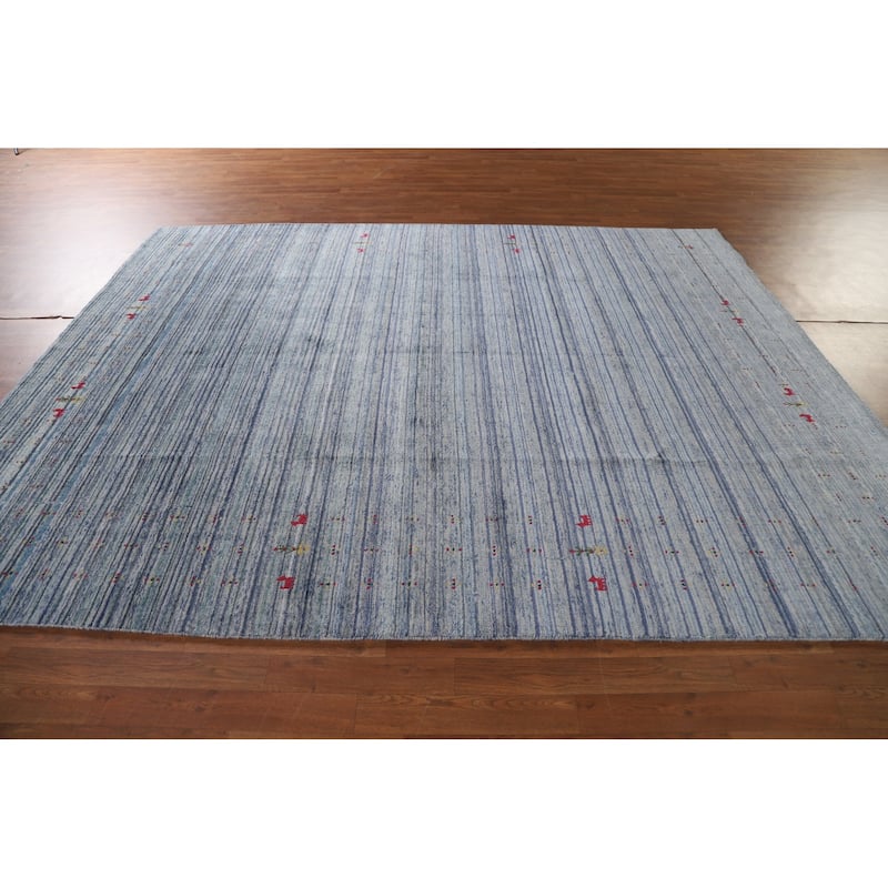 Striped Blue Gabbeh Indian Area Rug Hand-Knotted Oriental Wool Carpet - 7'8"x 9'7"