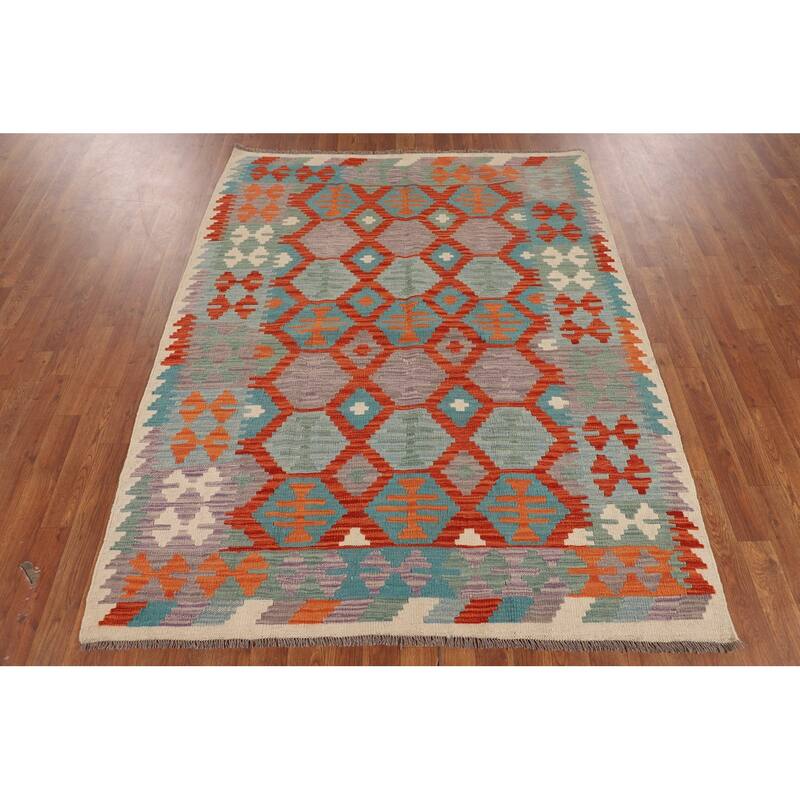 Kilim Reversible Oriental Area Rug Hand-Woven Multi-Color Wool Carpet - 5'0"x 6'4"