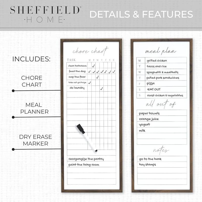 Sheffield Home Set of Two Family Planner Dry Erase Boards Featuring, Shopping List, Weekly Meal Planner and Notes, 9x21 Inch