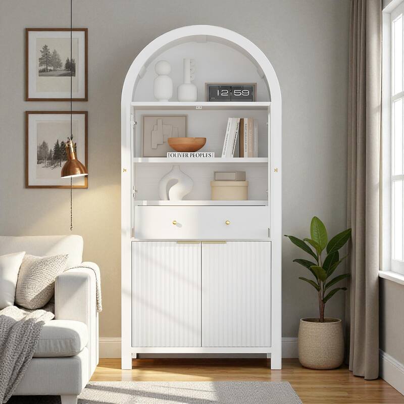 71" Tall Fluted Pantry Cabinet with Glass Doors, Adjustable Shelves and Hidden Drawer for Kitchen or Dining Room