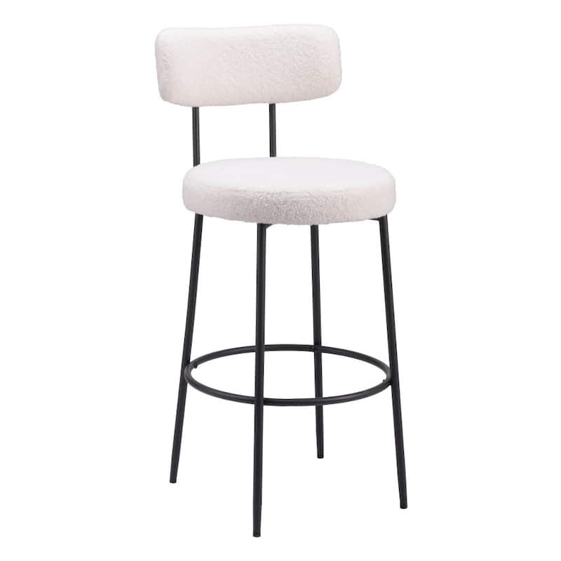Set of Two 29" Ivory And Black Shearling And Steel Low Back Bar Height Bar Chairs