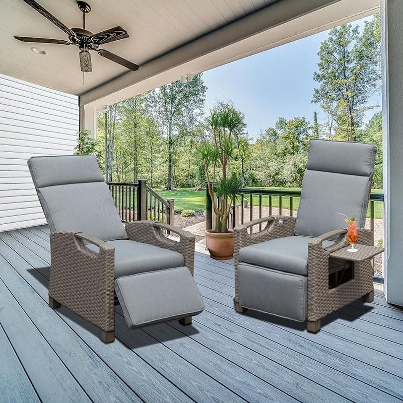 Woven Wicker Outdoor Recliner Chair, Thick Cushions Reclining Lounge Chair - Gray