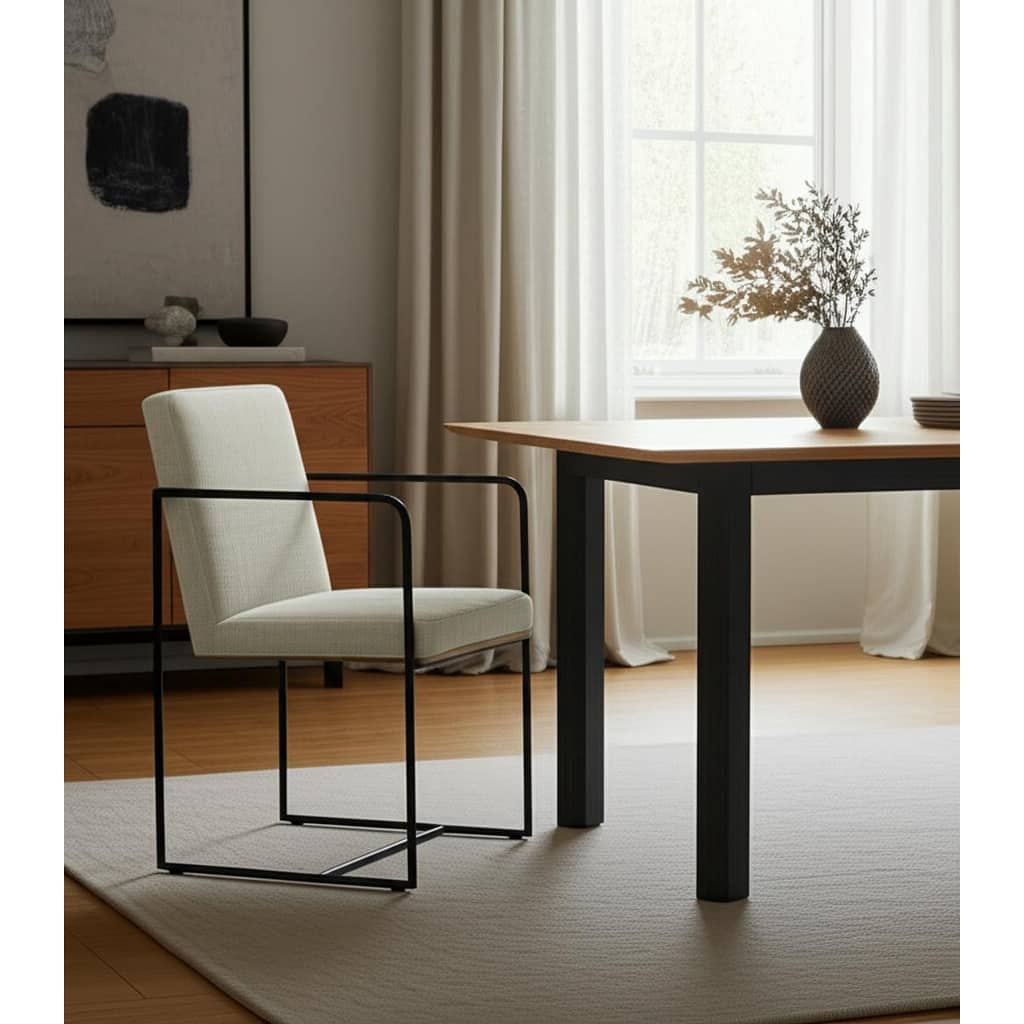 HomeRoots Beige and Black Upholstered Cushion And Metal Dining Arm Chair - 20.5 in. x 36 in. x 25 in.