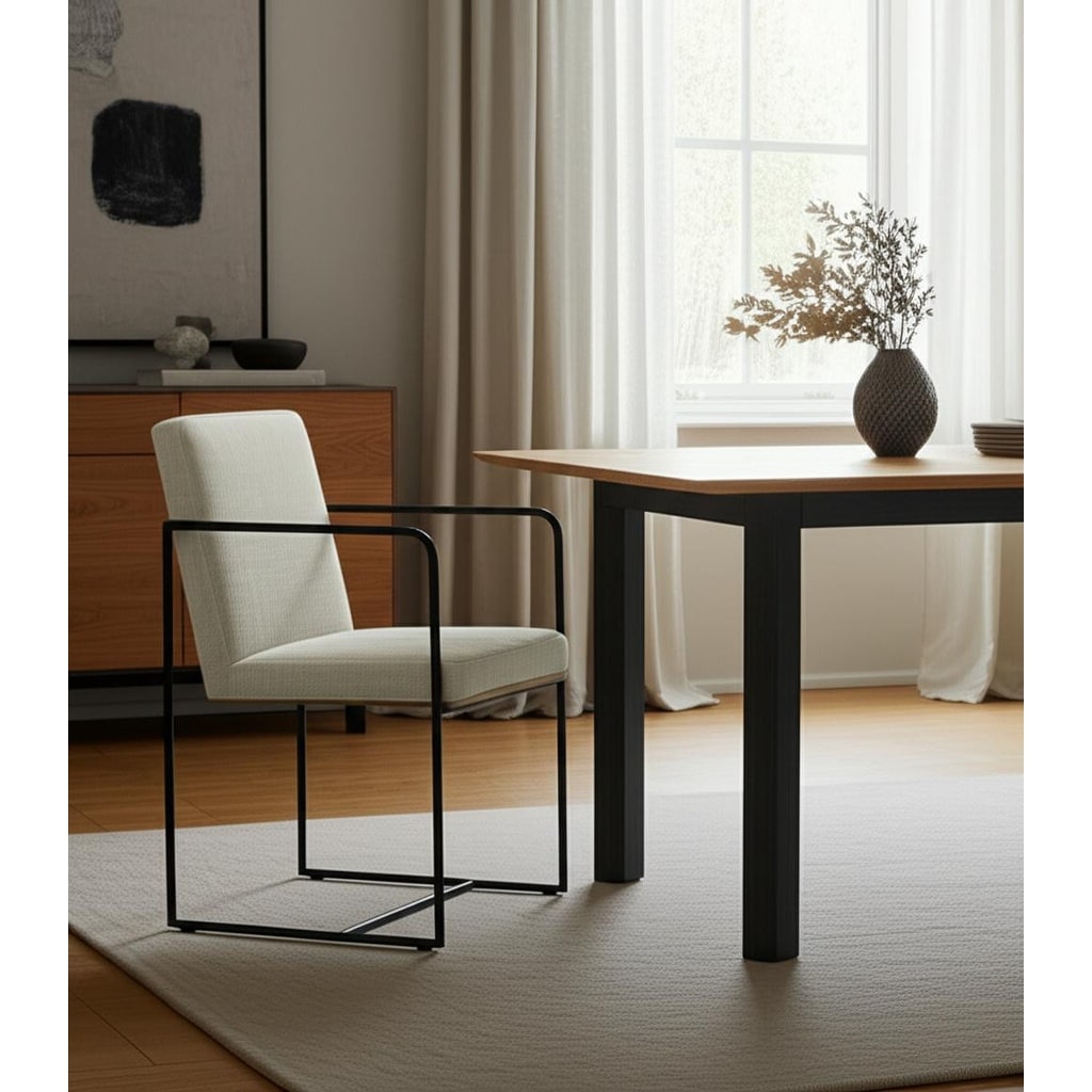 HomeRoots Beige and Black Upholstered Cushion And Metal Dining Arm Chair - 20.5 in. x 36 in. x 25 in.