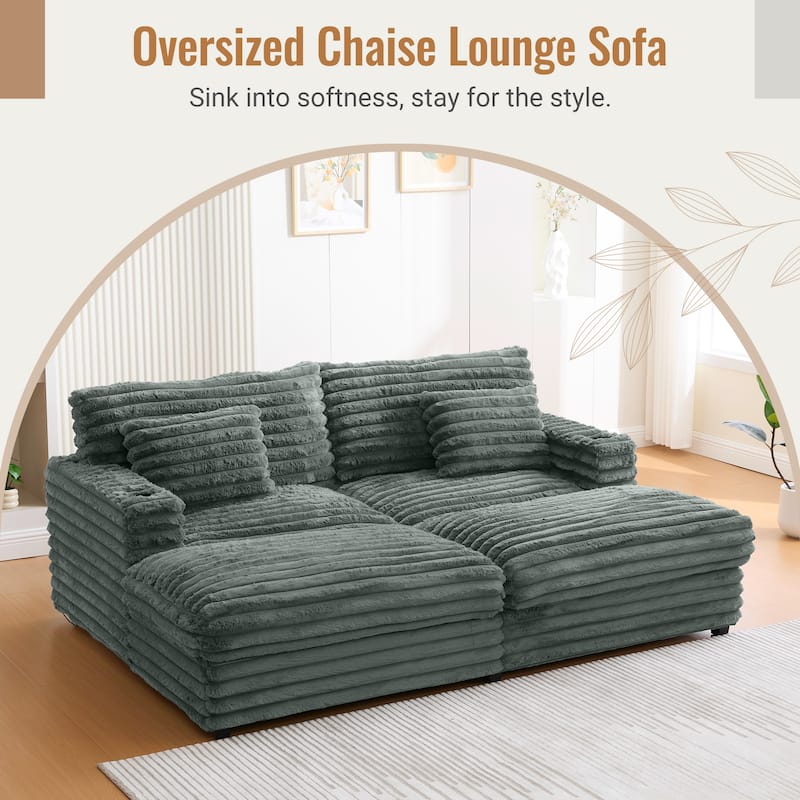 83.5" Oversized Double Chaise Sofa Bed - Plush Cloud Couch w/ USB Ports, Cup Holders & 2 Pillows, Upholstered Sleeper