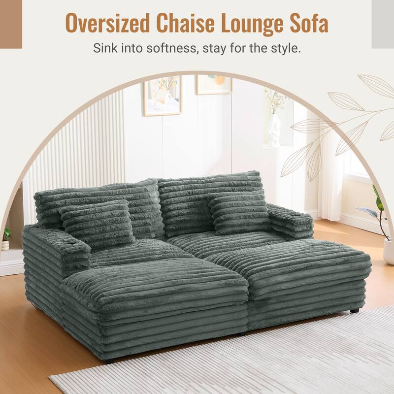 Oversized Double Chaise Lounge Sofa, Living Room 2 Seater Sofa Upholstered Sleeper Sofa Bed Daybed with USB Ports & Cup Holders - Sage Green